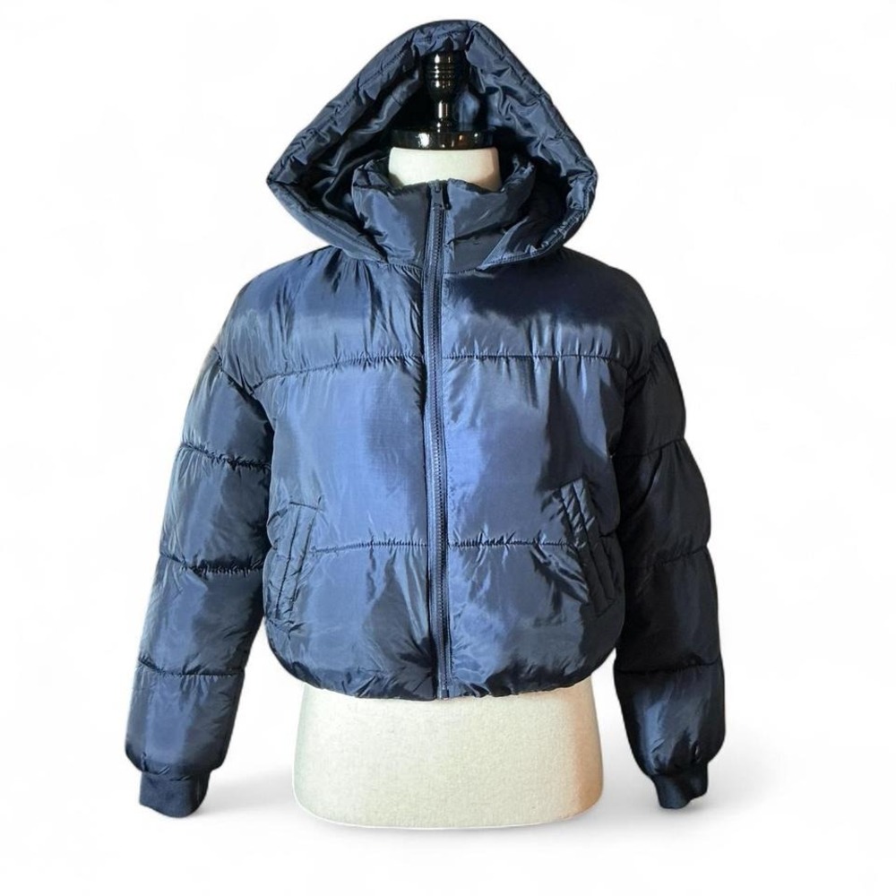 CISONO Navy Blue Puffer Jacket Hooded Cropped Zip Up Women's Size S